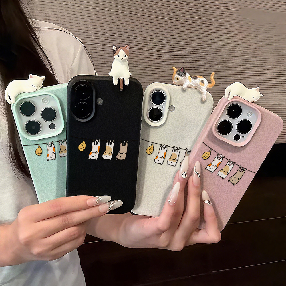 Phone Cases Leather - 3D Cute Cartoon Cat Leather Case